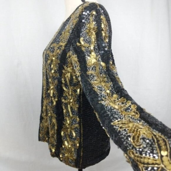 Joseph Le Bon Vintage Silk Sequin Black Gold Sweater S - Picture 4 of 7